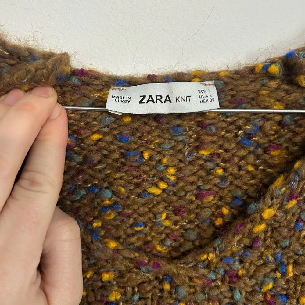 Zara Brown Multicolor V-Neck Sweater With Puff Sleeves - Picture 5 of 5